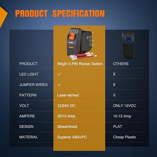 Nilight Interruptor Bocina UTV 5 Pines SPST | Momentáneo On Off, Retroiluminado Naranja, 12V 24V, Compatible Polaris RZR