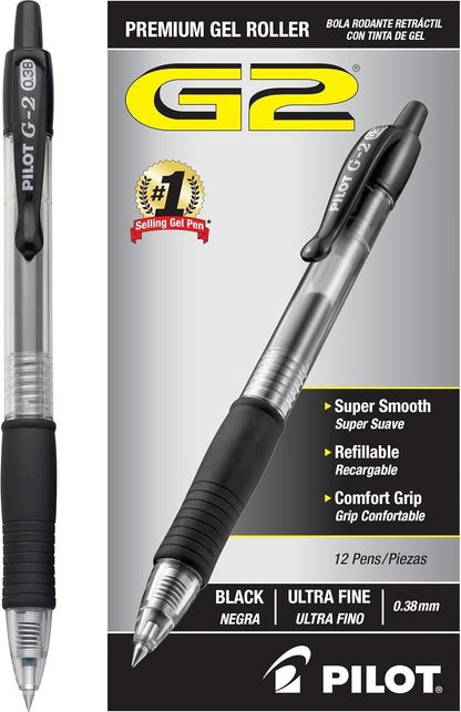 Pilot G2 Bolígrafos Retráctiles de Tinta de Gel, Recargables - Caja con docena - Negro