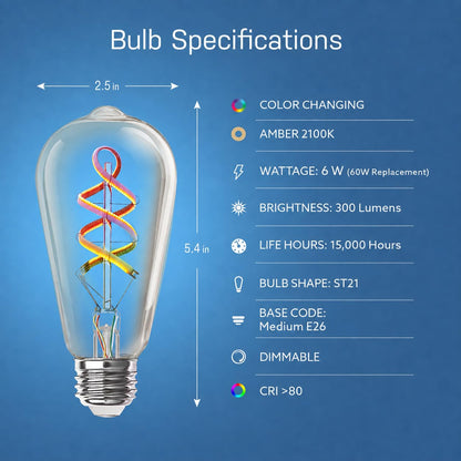 Feit Electric Smart ST21 - foco de luz eléctrica, equivalente a 60 W, regulable, filamento espiral, estilo Edison WiFi habilitado, funciona con Alexa/Google Home, millones de colores, vida útil de