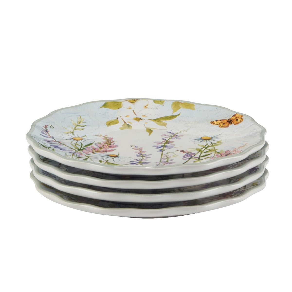 Platos de canapé certificados International Meadow de 6 pulgadas, juego de 4 con diseño de flores silvestres y mariposas, perfectos para aperitivos, mini postres y aperitivos, decoración de primavera