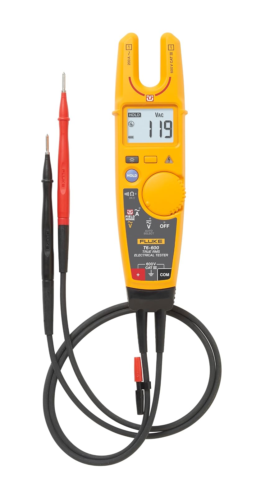 Fluke T6‑600 Detector de Voltaje Comprobador FieldSense Medidor TRUE RMS 600 V / 200 A Resistencia Hasta 2 kΩ Pantalla Retroiluminada
