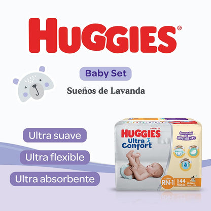 HUGGIES Baby Set Sueños de Lavanda, Caja con 1 Paquete de Huggies UltraConfort RN-1 de 44 pzs, 2 Paquetes Toallitas Húmedas Humectante 80’s, 1 Crema HUGGIES Lavanda 250ml y 1 Shampoo Lavanda 250ml