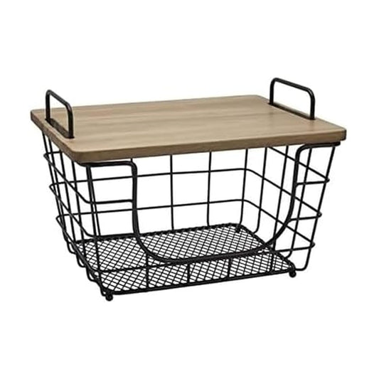 Gourmet Basics by Mikasa Madam - Cesta rectangular apilable de metal con tapa de acacia, color negro antiguo