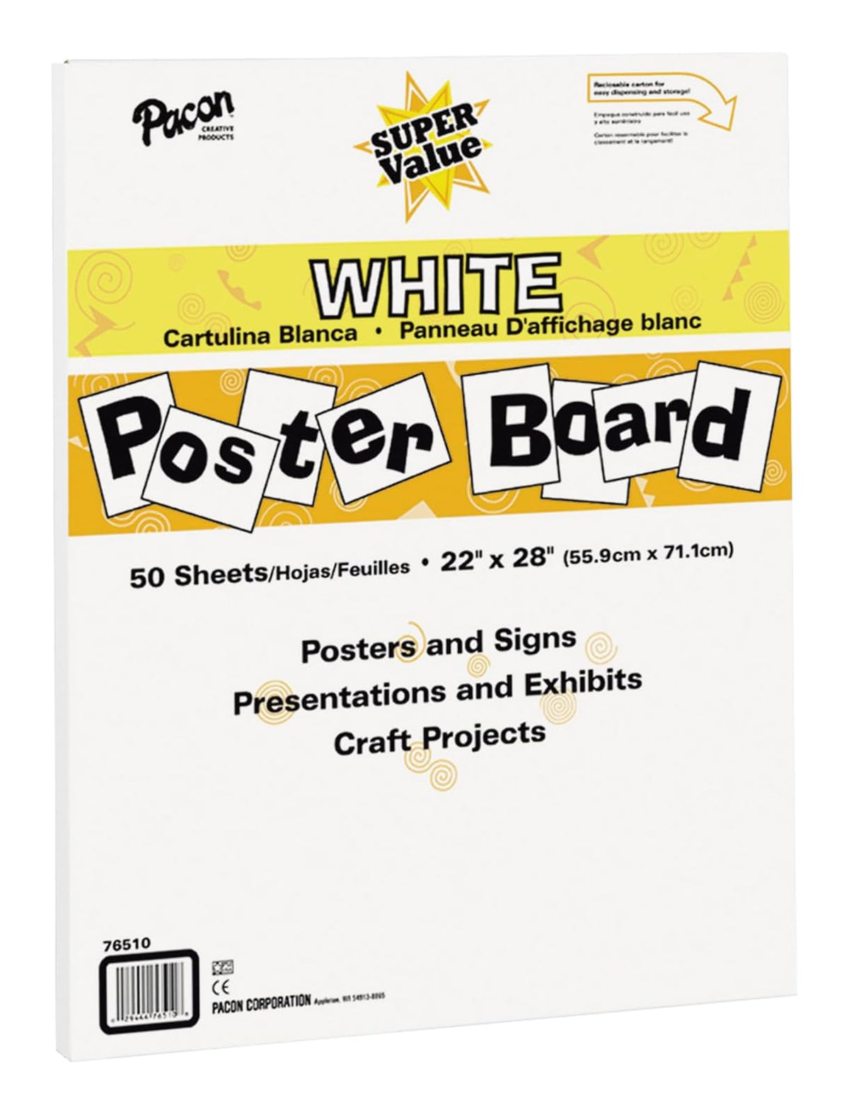 Póster de Pacon Board, pizarra, Blanco, 50 Sheets of 22-in. x 28-in. Poster Board
