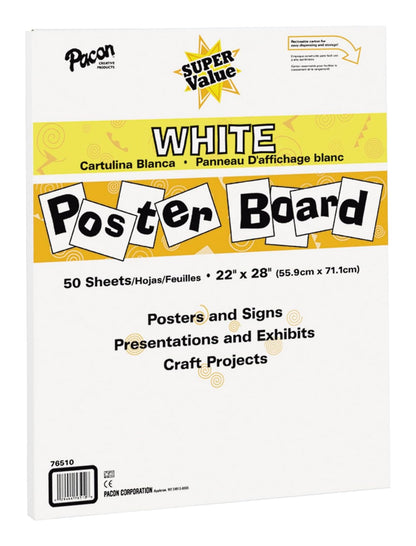 Póster de Pacon Board, pizarra, Blanco, 50 Sheets of 22-in. x 28-in. Poster Board