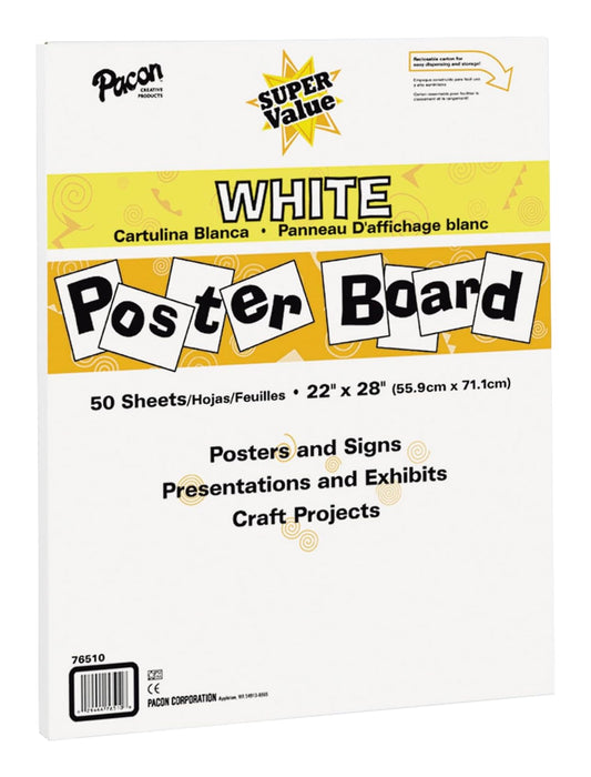 Póster de Pacon Board, pizarra, Blanco, 50 Sheets of 22-in. x 28-in. Poster Board