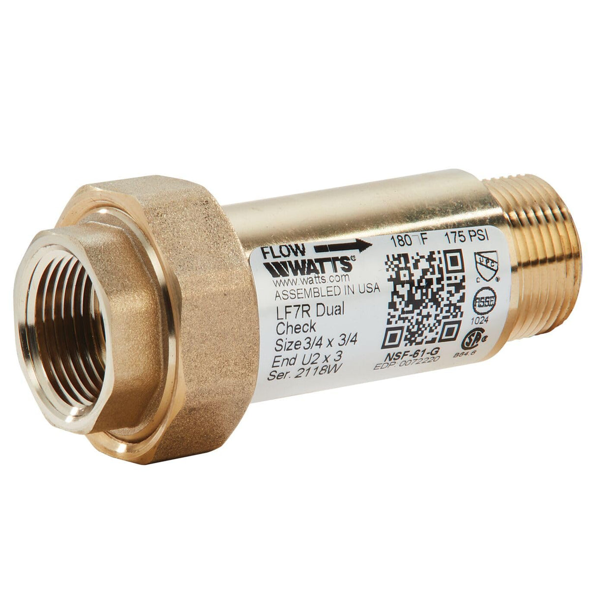 Válvula de retención Dual residencial de 1/2 x 1/2 Pulgadas con Entrada Npt Hembra de unión X Salida Npt Hembra