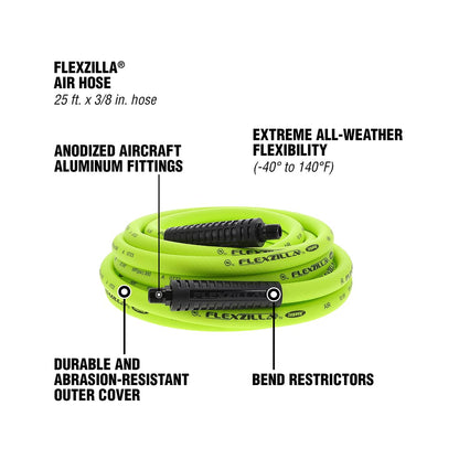 Flexzilla Air Hose, 3/8 in. x 25 ft., 1/4 in. MNPT Fittings, Heavy Duty, Lightweight, Hybrid, ZillaGreen