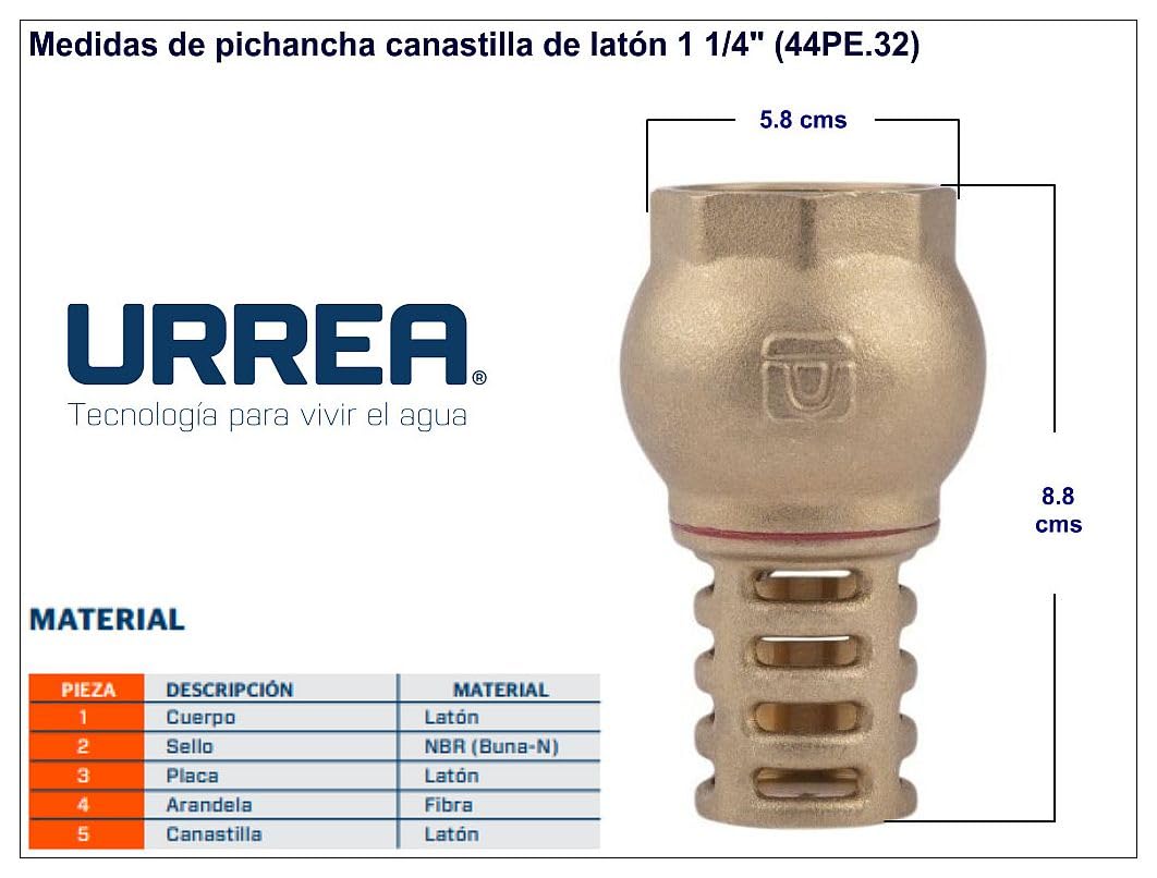 URREA 44PE.32 Válvula de Pie o Pichancha de Latón 1 ¼ ” con Canastilla