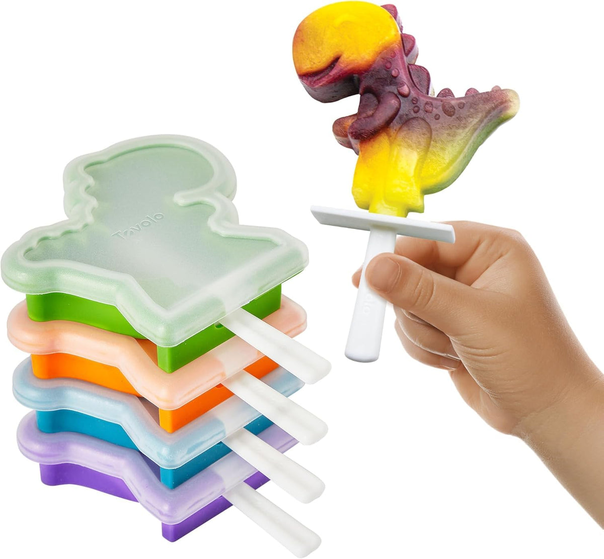 Tovolo - Moldes de silicona para paletas con varillas (4 unidades, dino) – Moldes reutilizables para hielo caseros y aperitivos congelados – Fabricante de paletas apilables con tapa, apto para