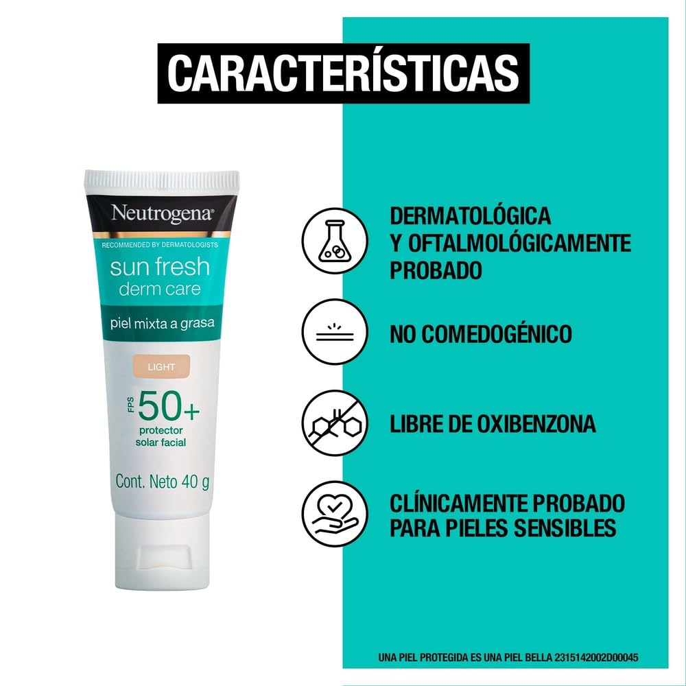 Neutrogena Sun fresh Protector Solar Facial Tono Claro Dermcare Niacinamida FPS50+, 40g