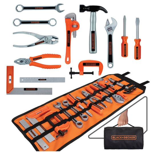 BLACK+DECKER - Juego de bolsas de herramientas para niños, 13 piezas, herramientas de juego de simulación, martillo, destornillador Phillips, alicates, llave ajustable y mucho más Para niños y niñas a