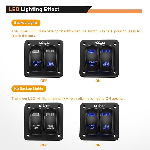 Nilight Conmutador Panel de Interruptores de 2 Bandas de Aluminio 12/24V 5 Pines para Barco/Automóvil/ATV/UTV, Azul, 90104B