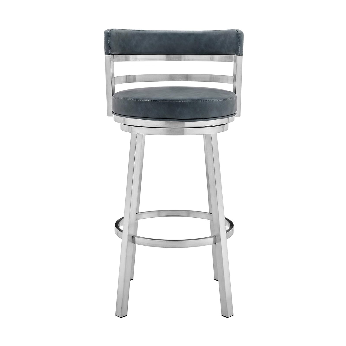 Armen Living Madrid 26" Counter Height Swivel Blue Faux Leather and Brushed Stainless Steel Bar Stool