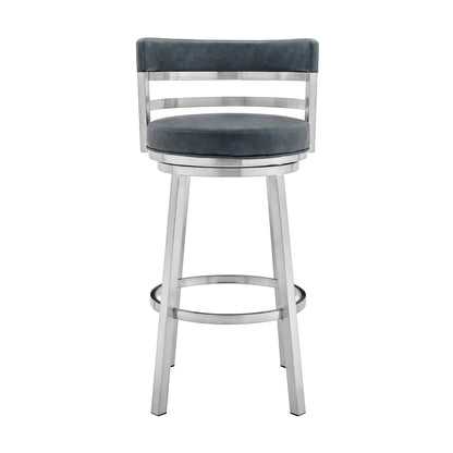 Armen Living Madrid 26" Counter Height Swivel Blue Faux Leather and Brushed Stainless Steel Bar Stool