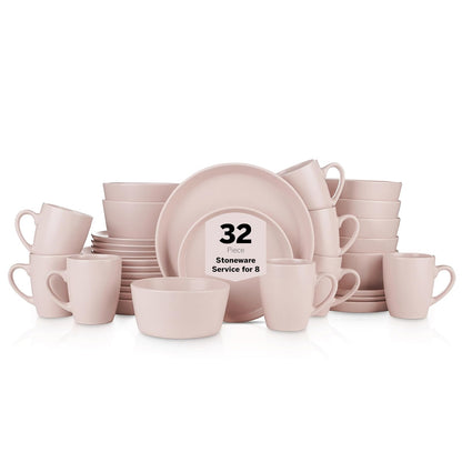 Stone Lain Juego de Vajilla de Gres, Servicio para 4, Blanco Moteado - 32 Piece - Service for 8 - Rosado