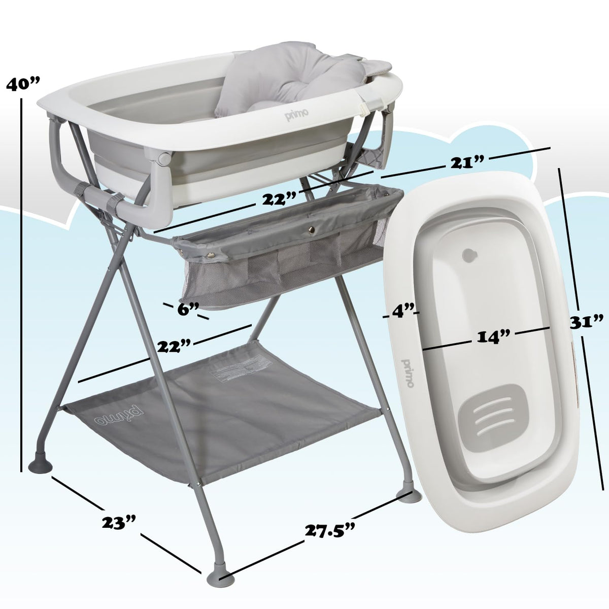 Primo SquishSplash - Baño plegable para bebé y soporte plegable con cojín ergonómico para bebé para recién nacidos y niños pequeños, estación de baño completa, diseño compacto que ahorra espacio,