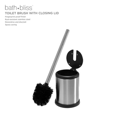 Bath Bliss Escobilla De Inodoro con Soporte | Tapa De Cierre Automático, 360 Grados, Tamaño Compacto, Acero Inoxidable, 1 Paquete