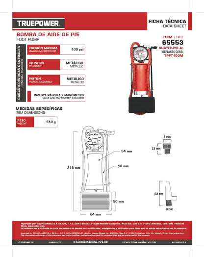 TruePower TPFT100M Bomba de Aire de Pie, Cilindro Metálico, Pistón Metálico, 100 psi, Incluye: Válvula y Manómetro, Rojo