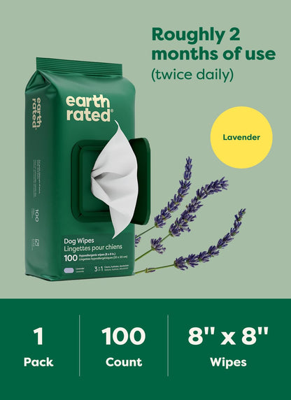 Earth Rated Toallitas Húmedas para Perro | Hipoalergénicas con olor a Lavanda | 100 Piezas