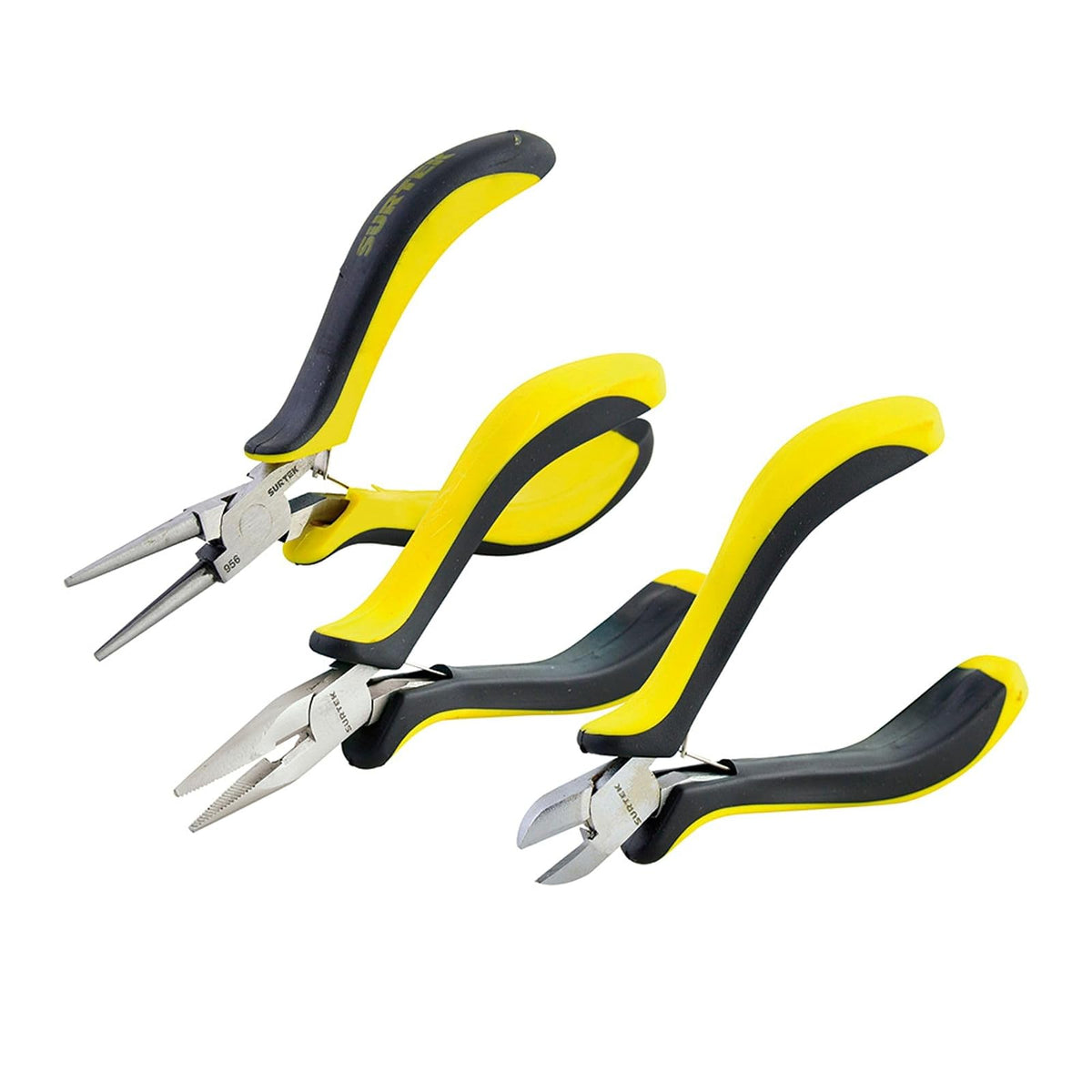 Surtek Mini pinza para electrónica punta aguja, mango bimaterial - 3 piezas