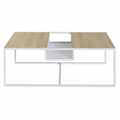 TUGOW Alterego Mesa de Centro Noemi Rectangular Color Blanco y Madera con 2 Tableros y Estructura Metálica de Acero MDP