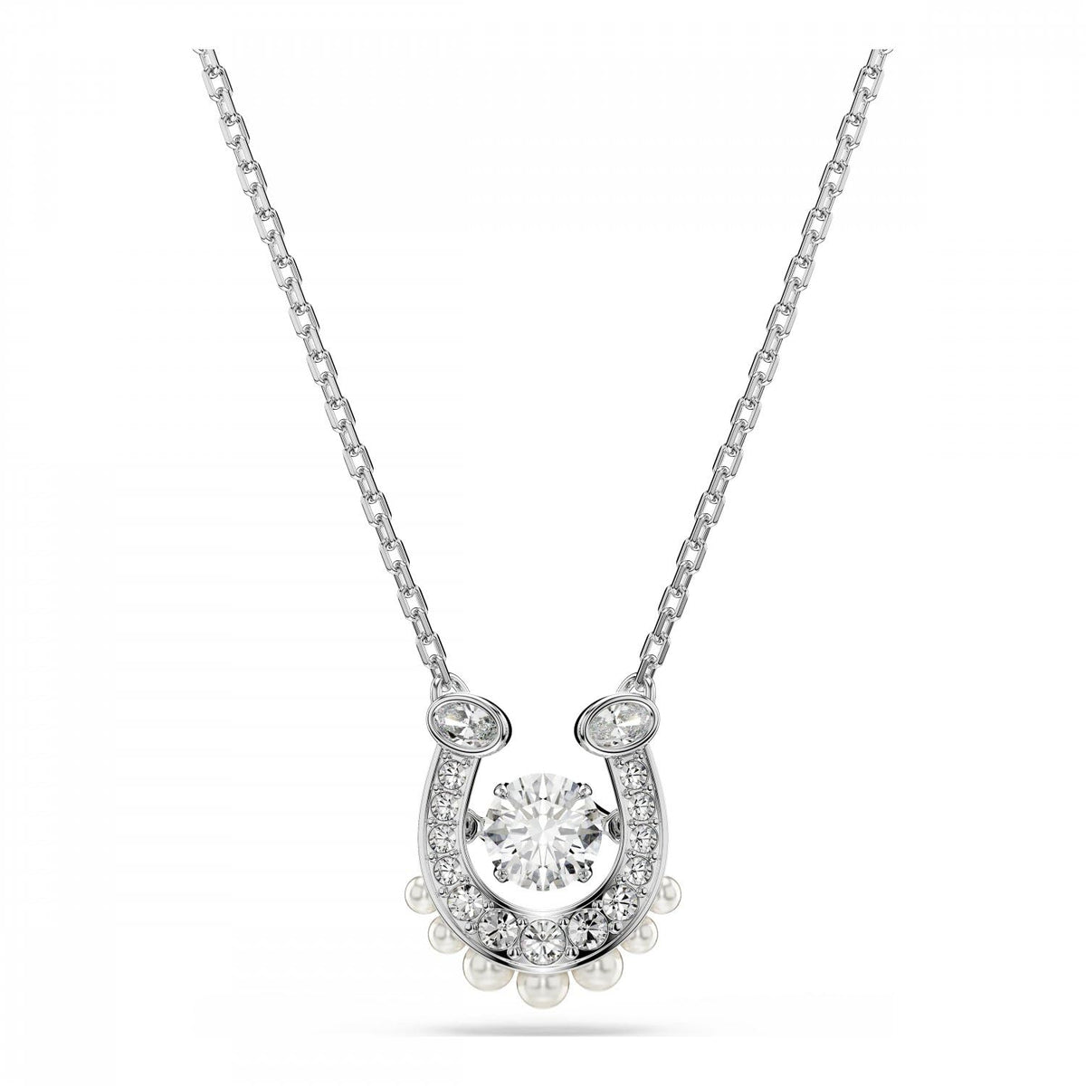 Colgante Swarovski Symbolica, perla de vidrio, corte redondo, pavé, zapato de caballo, blanco, baño de rodio