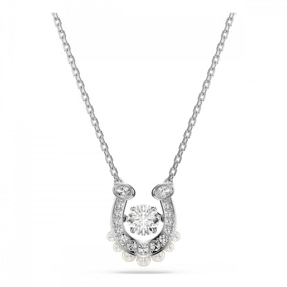Colgante Swarovski Symbolica, perla de vidrio, corte redondo, pavé, zapato de caballo, blanco, baño de rodio