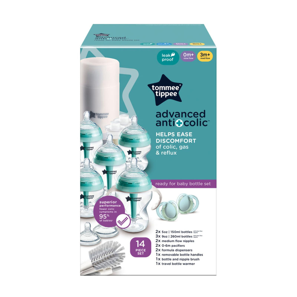 Tommee Tippee Set Biberones, Calentador y Chupones Anticólicos, 0m+ | 14 Piezas, 5 Biberones Libres de BPA, Calentador de Viaje, 2 Chupones Recién Nacido, 2 Tetinas Extra, Cepillo, Asas