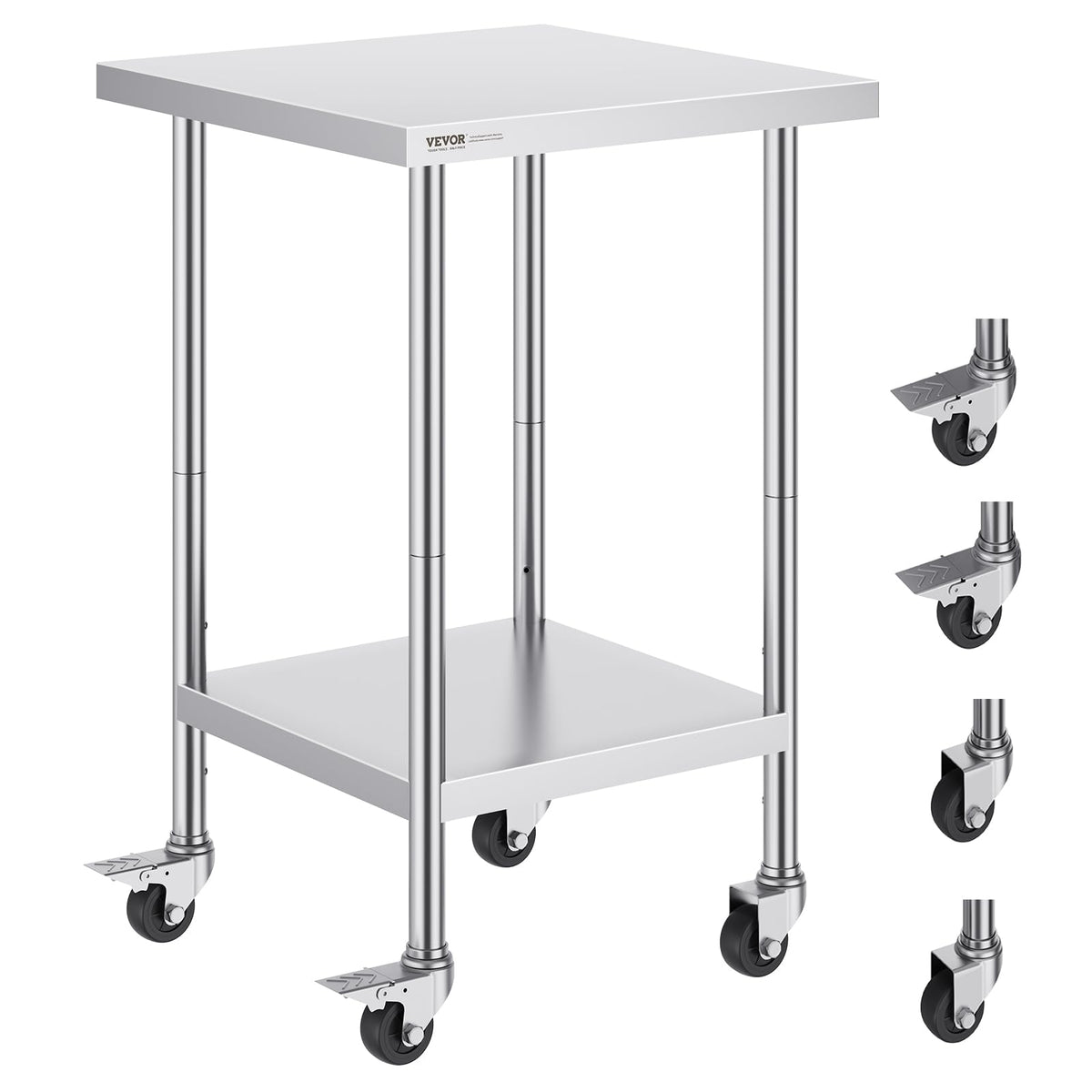 VEVOR Mesa de Trabajo de Acero Inoxidable 61 x 61 x 96,5 cm Mesa de Preparación de Alimentos con 4 Ruedas Mesa de Cocina Estante Ajustable en Altura para Cocina Restaurante Bar Garaje al Aire Libre