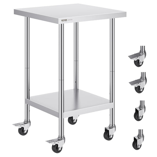 VEVOR Mesa de Trabajo de Acero Inoxidable 61 x 61 x 96,5 cm Mesa de Preparación de Alimentos con 4 Ruedas Mesa de Cocina Estante Ajustable en Altura para Cocina Restaurante Bar Garaje al Aire Libre