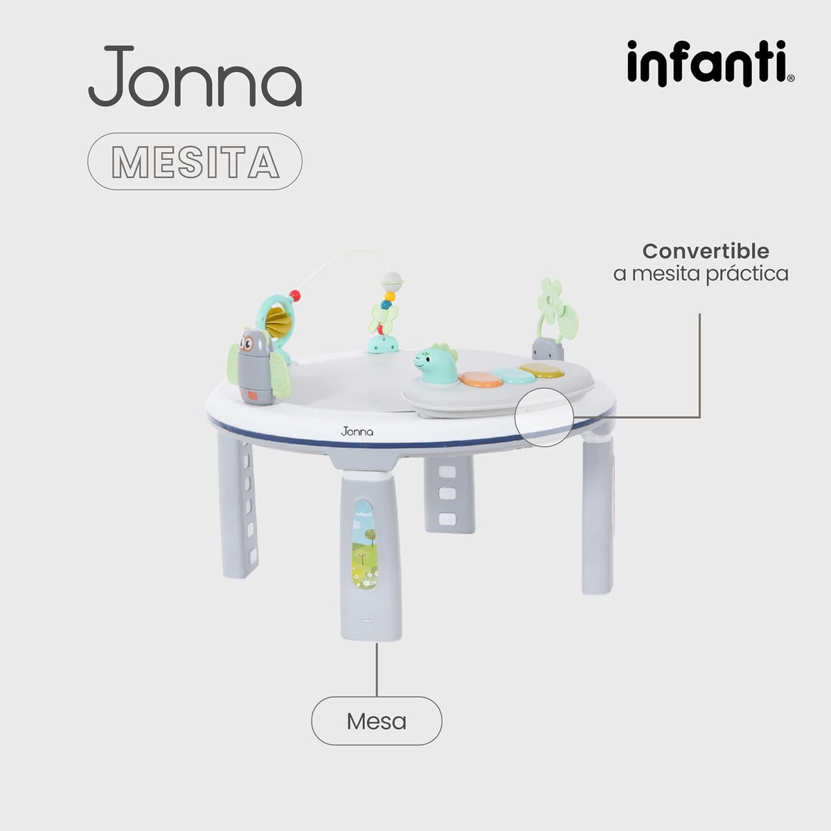 Infanti | Andadera JONNA 4 en 1 con Asiento Giratorio 360° | Se Transforma en Centro de Entretenimiento y Mesita Interactiva | Andador con Juguetes y Sonidos | Altura Ajustable | Color Gris