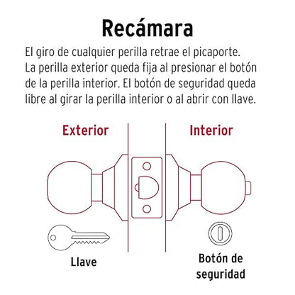 Hermex Basic BAL-CM-RP, Cerradura de pomo tipo esfera para recámara, mecanismo cilíndrico, cromo mate