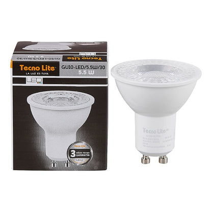 Tecnolite - Focos Ahorradores LED, Pack 8 Piezas, Material de Plástico, Base: GU10 Tipo de Luz Suave Cálida con 5.5 Watts y 3,000 Kelvins, Terminado Blanco, Iluminación Interior