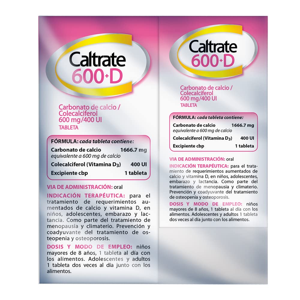 Caltrate Suplemento de Calcio 600 +D 600mg / 400 UI 2 Pack de 60 tabletas + 30 tabletas