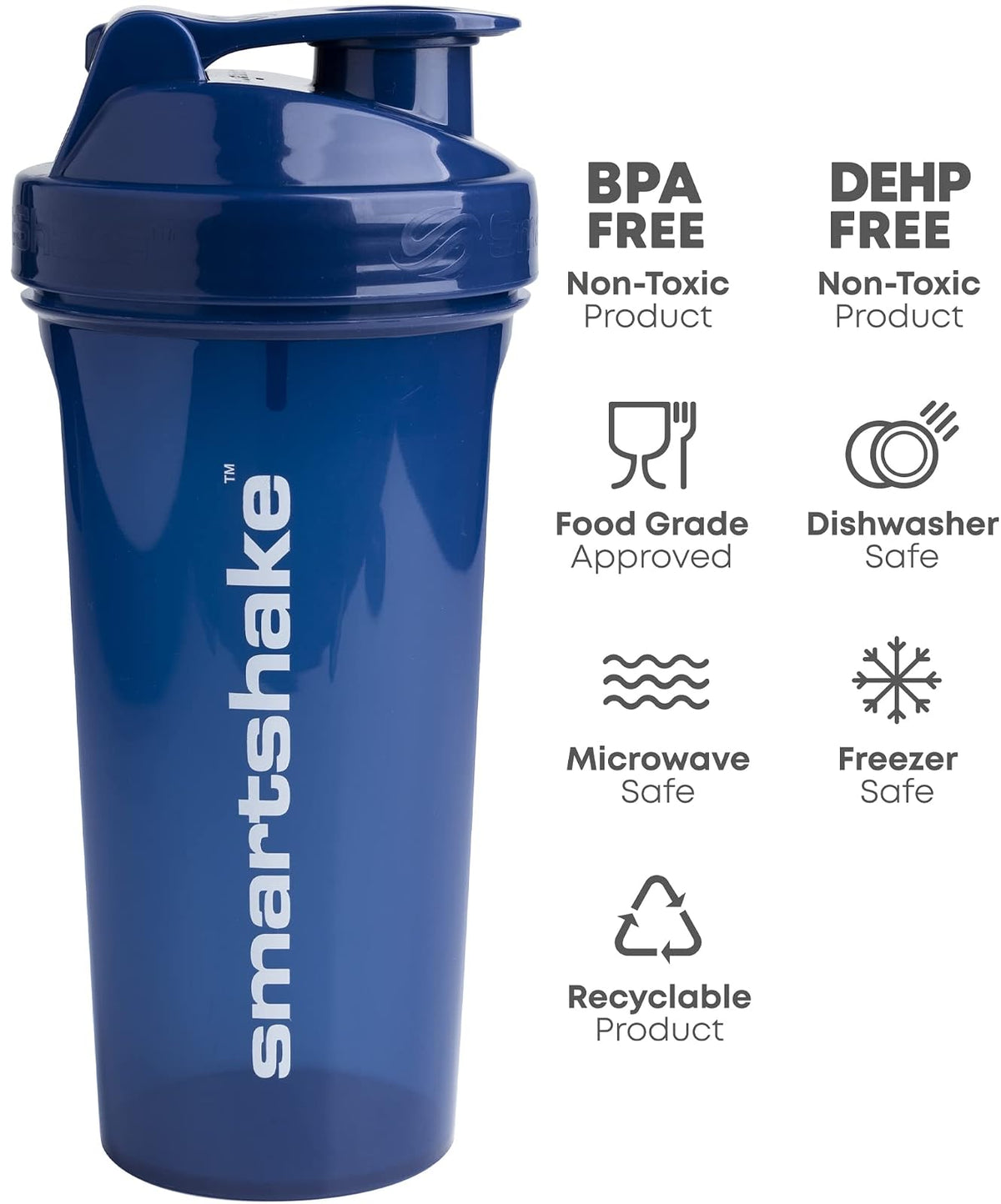 SmartShake LITE Azul Marino 1000ml, Botella Mezcladora de Proteínas, Libre de BPA