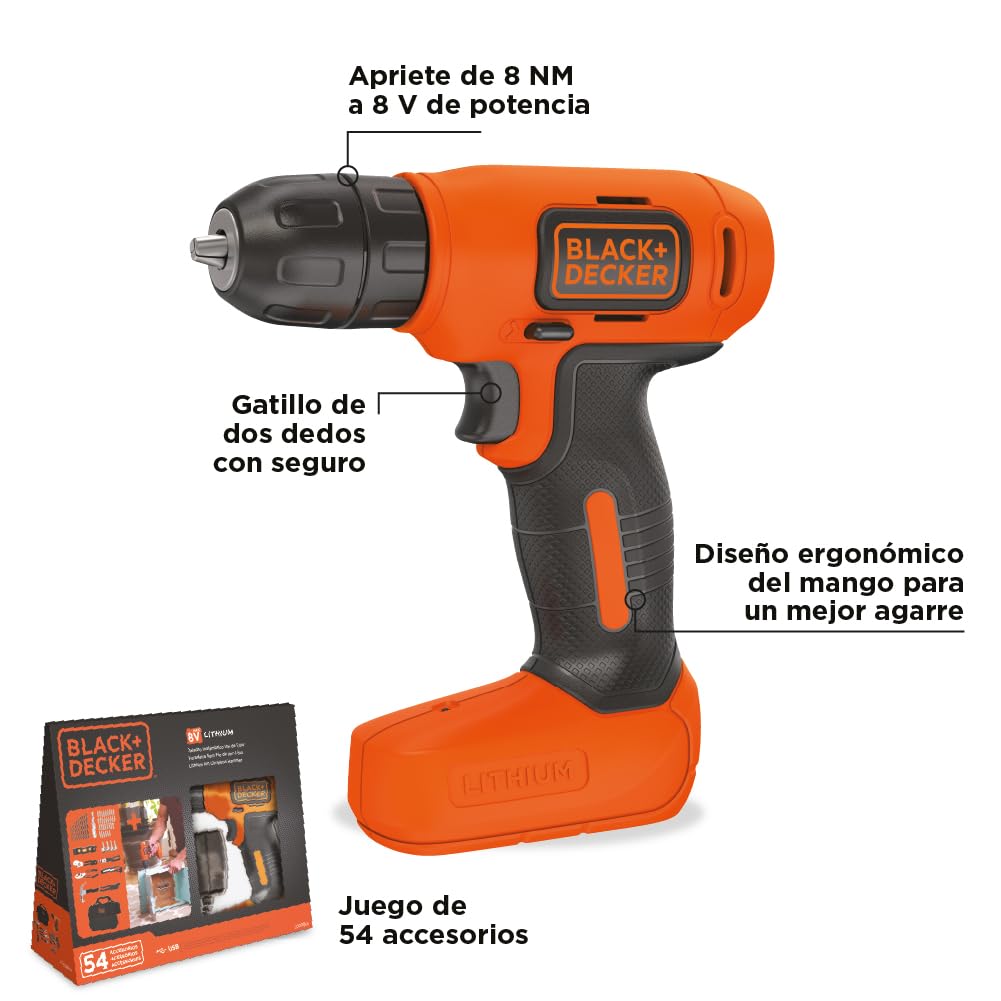 BLACK+DECKER Taladro Atornillador Inalámbrico 3/8" 8V, 54 Piezas, LD008KA | Taladro Atornillador Inalámbrico 3/8” (10mm), 8V, Incluye 54 Accesorios, Bolsa para Herramientas