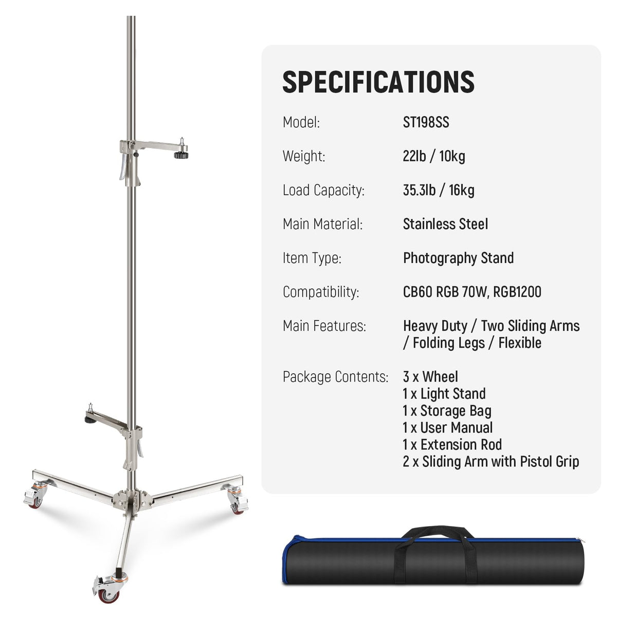 NEEWER - Soporte de luz de acero inoxidable de 198 cm, soporte de trípode resistente con ruedas giratorias, 2 brazos deslizantes con agarre de pistola, pata plegable para fotografía Softbox Monolight,