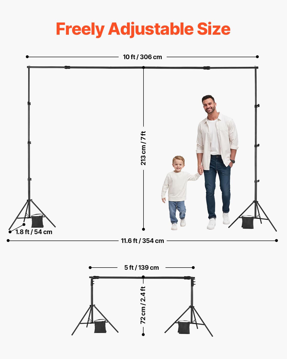 VEVOR Soporte de Fondo Ajustable para Tela de Fondo de hasta 213 x 300 cm, Soporte Portátil de Altura Ajustable de 139-306 cm con Varillas para Fotografía Familiar, Estudio de Fotografía, Negro