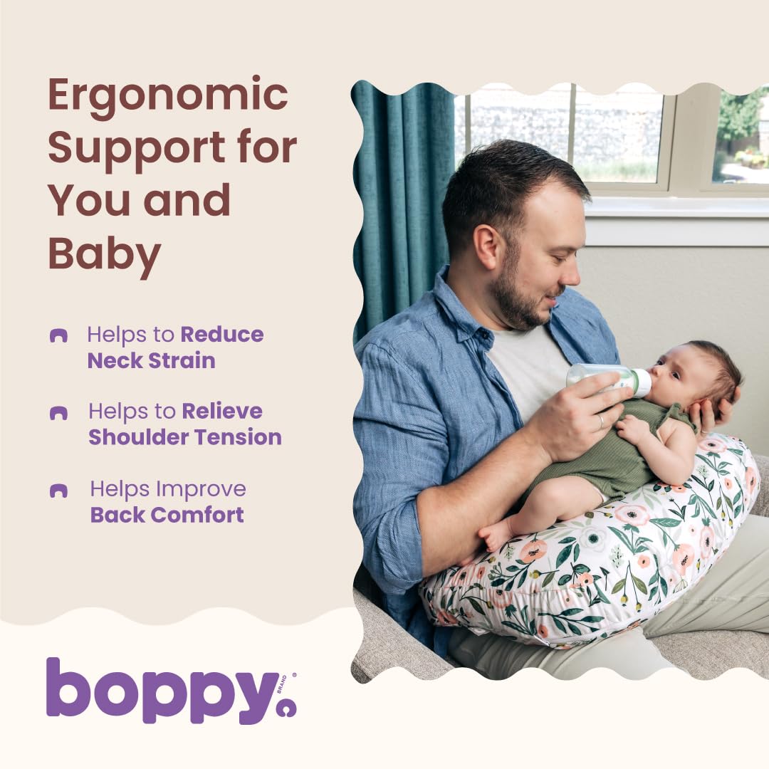 Boppy Almohada de Lactancia – Almohada ergonómica con biberón y Lactancia Materna con Alta y Firme, Gran área, cojín Repelente al Agua con Funda Lavable; Baby Safety Alliance Verified – Flores de