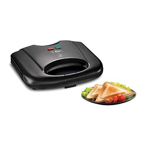 T-FAL Sandwichera compacta antiadherente | Recubrimiento antiadherente, negra, prepara 2 porciones de sándwiches o paninis, luz indicadora, fácil de limpiar. SM2118MX