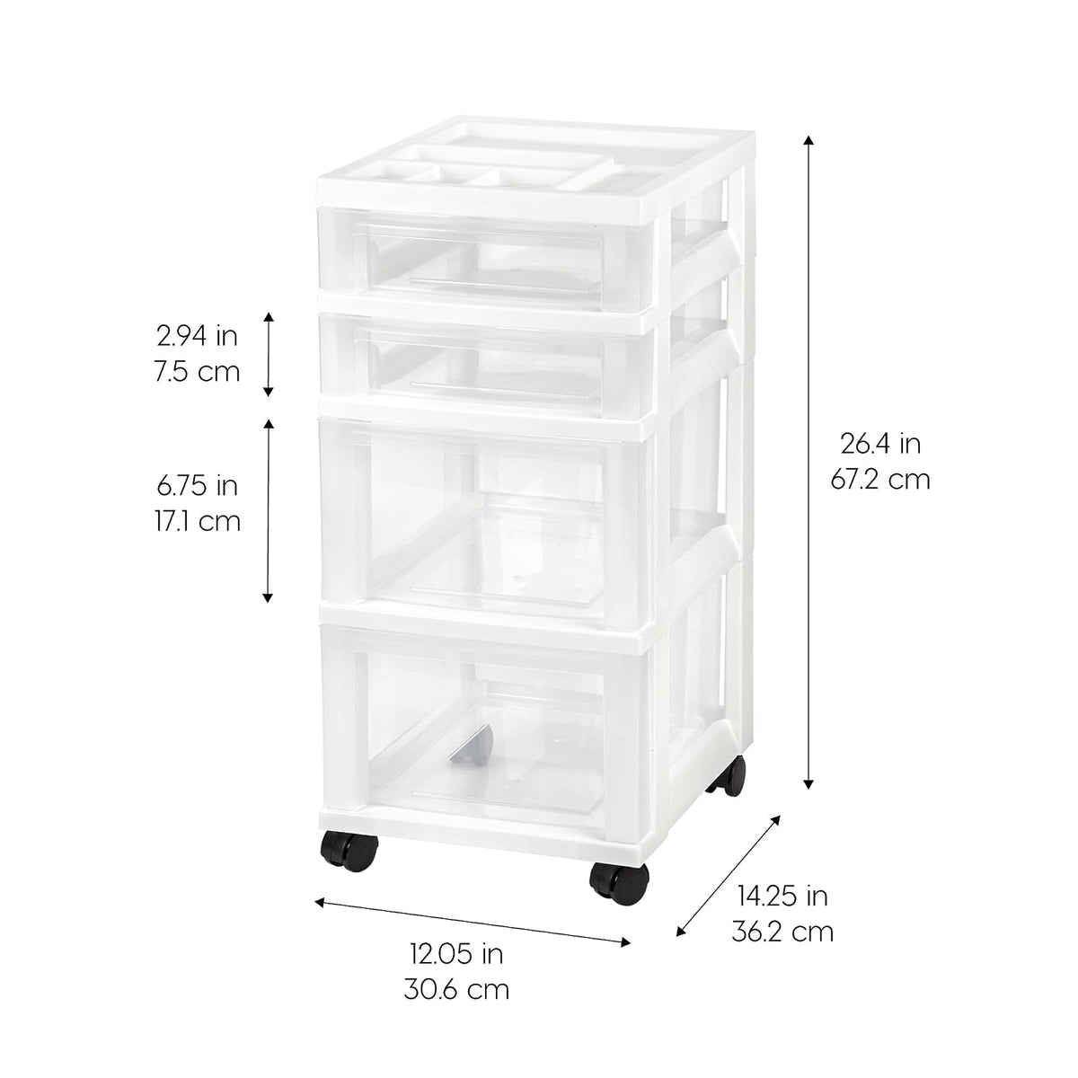 IRIS USA Carrito Organizador con Ruedas de 4 Cajones, Blanco/Transparente | Organiza manualidades, artículos de oficina, salón y accesorios con cajones de fácil acceso para uso diario