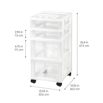 IRIS USA Carrito Organizador con Ruedas de 4 Cajones, Blanco/Transparente | Organiza manualidades, artículos de oficina, salón y accesorios con cajones de fácil acceso para uso diario