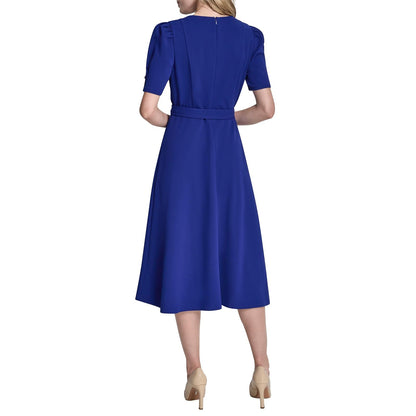 DKNY Short Puff Sleeve Jewel Neck Midi Dress Removable Belt Scuba Crepe Dress Vestido Mujer
