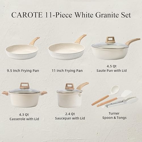 CAROTE Juego de ollas y sartenes antiadherentes, de granito blanco, de inducción, 8 piezas esenciales de cocina con sartenes y cacerolas (PFOS, libre de PFOA)