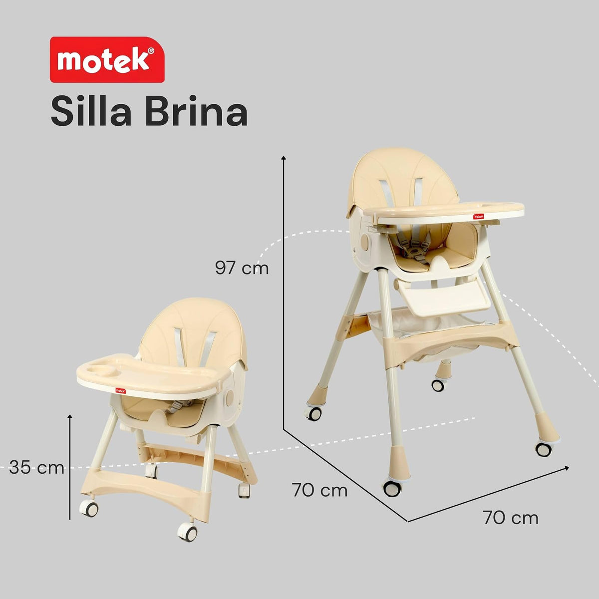 Silla Periquera 2 en 1 para Bebe Motek Brina, Silla Alta y Silla Baja de Juego, Reclinable 4 Posiciones, Ruedas con Freno, Piel Sintética PU, Canastilla de Almacenaje, Reposapiés de Descanso Ajustable en altura, Plegado compacto (Beige)