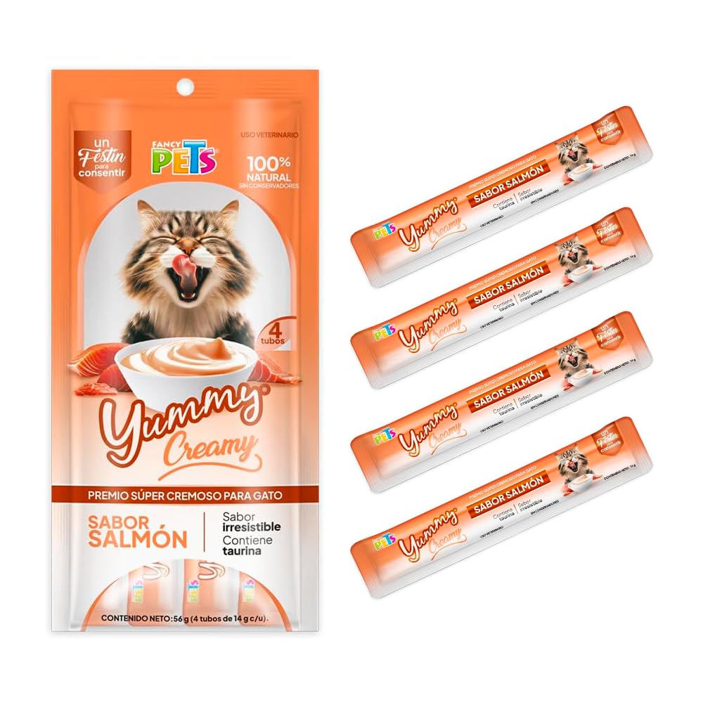 Fancy Pets Yummy Creamy Premio Cremoso Lamible para Gato Surtido 12 Tubos (4 Atún, 4 Salmón, 4 Camarón)