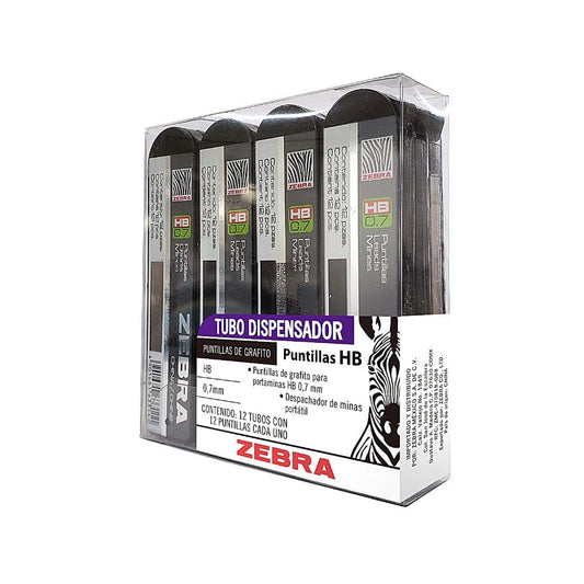 Zebra Puntillas HB De Grafito Para Portaminas Punto Mediano (0.7 mm) Caja 12 Tubos Con 12 Minas.