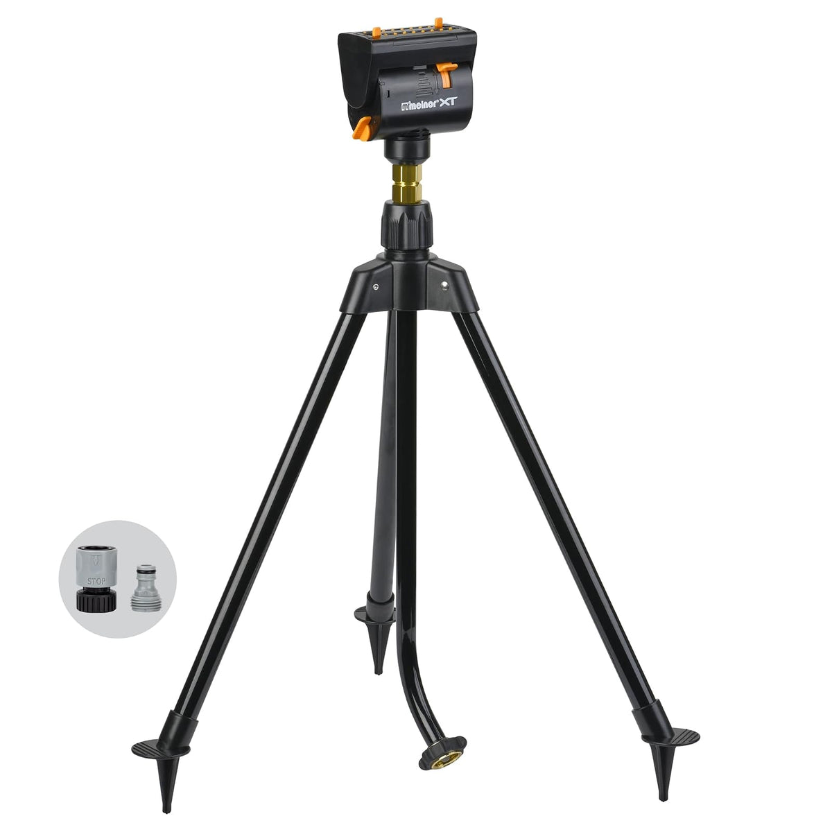 Melnor 65178AMZ MiniMax Turbo rociador oscilante sobre trípode, 4000 sq. Pies, 4 vías Ajustable, Paquete de conexión rápida, Negro, Amarillo
