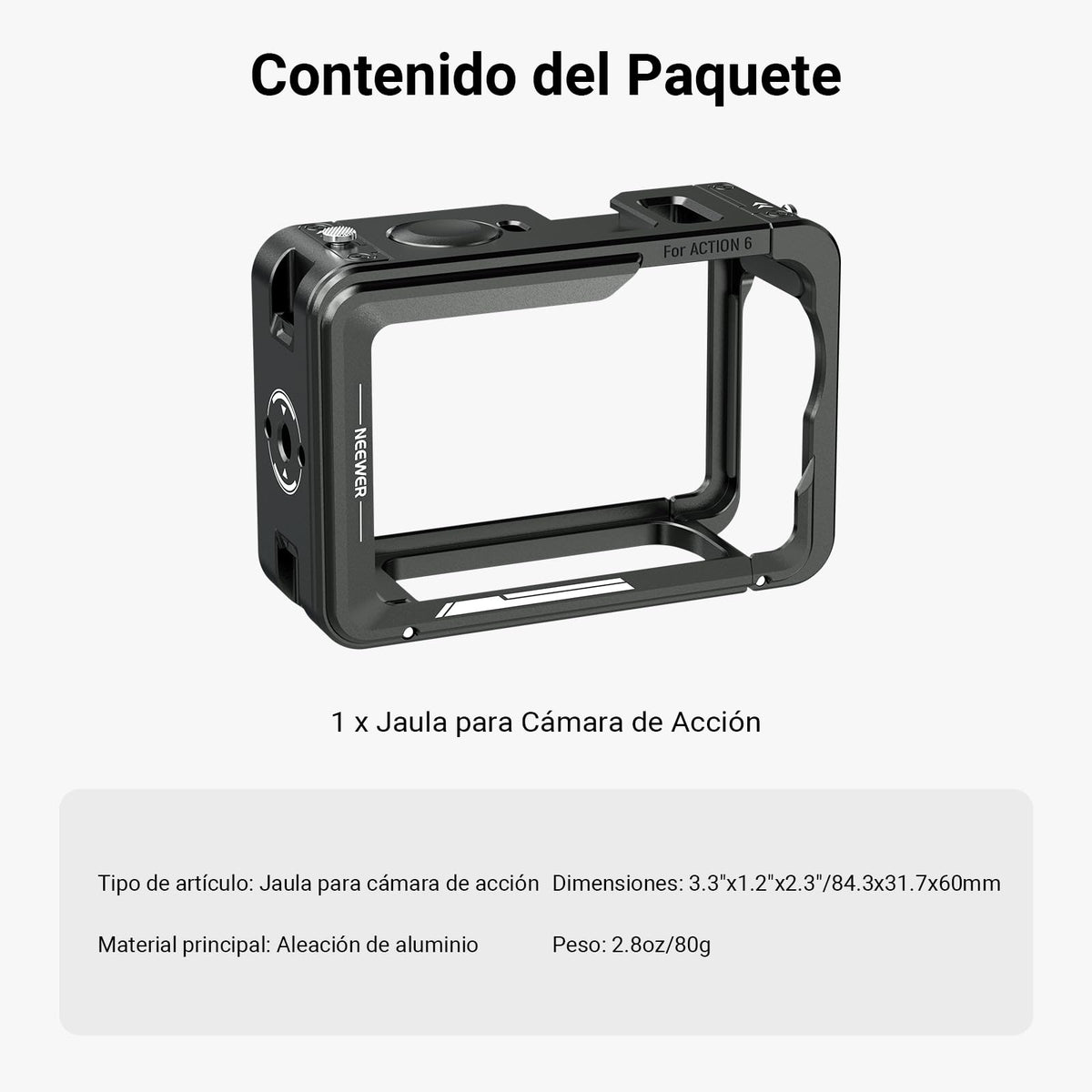 NEEWER - Jaula de cámara para Osmo Action 6, estabilizador Ligero de Metal con Zapato fría y Rosca de 1/4 Pulgadas, Compatible con dji Mic Adaptador magnético de liberación rápida, Accesorios de